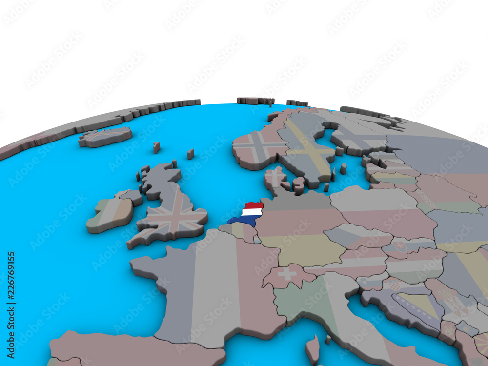 Netherlands with embedded national flag on political 3D globe.