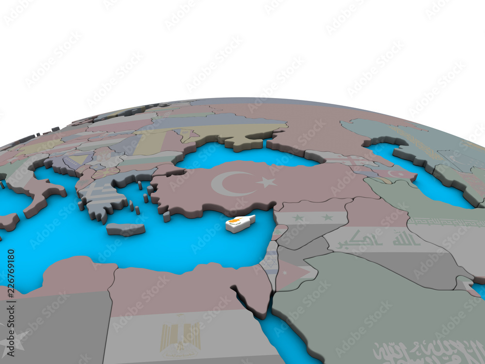 Cyprus with embedded national flag on political 3D globe.