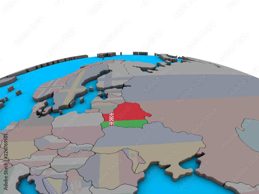 Belarus with embedded national flag on political 3D globe.