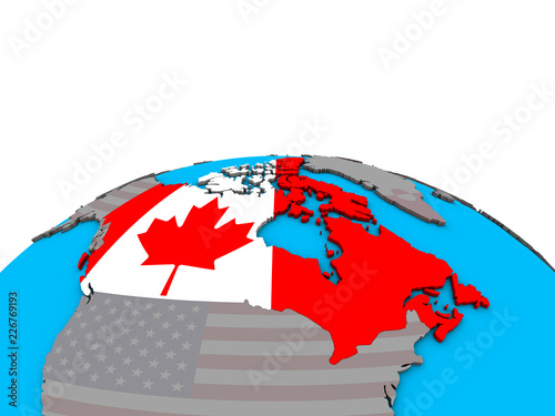Canada with embedded national flag on political 3D globe.