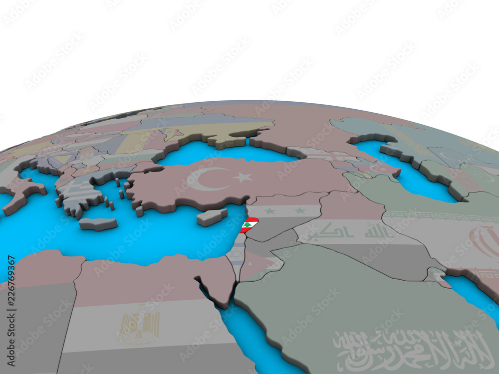 Lebanon with embedded national flag on political 3D globe.