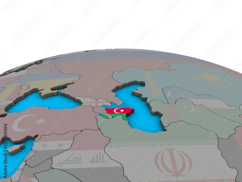 Azerbaijan with embedded national flag on political 3D globe.