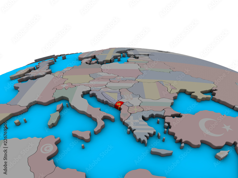 Montenegro with embedded national flag on political 3D globe.