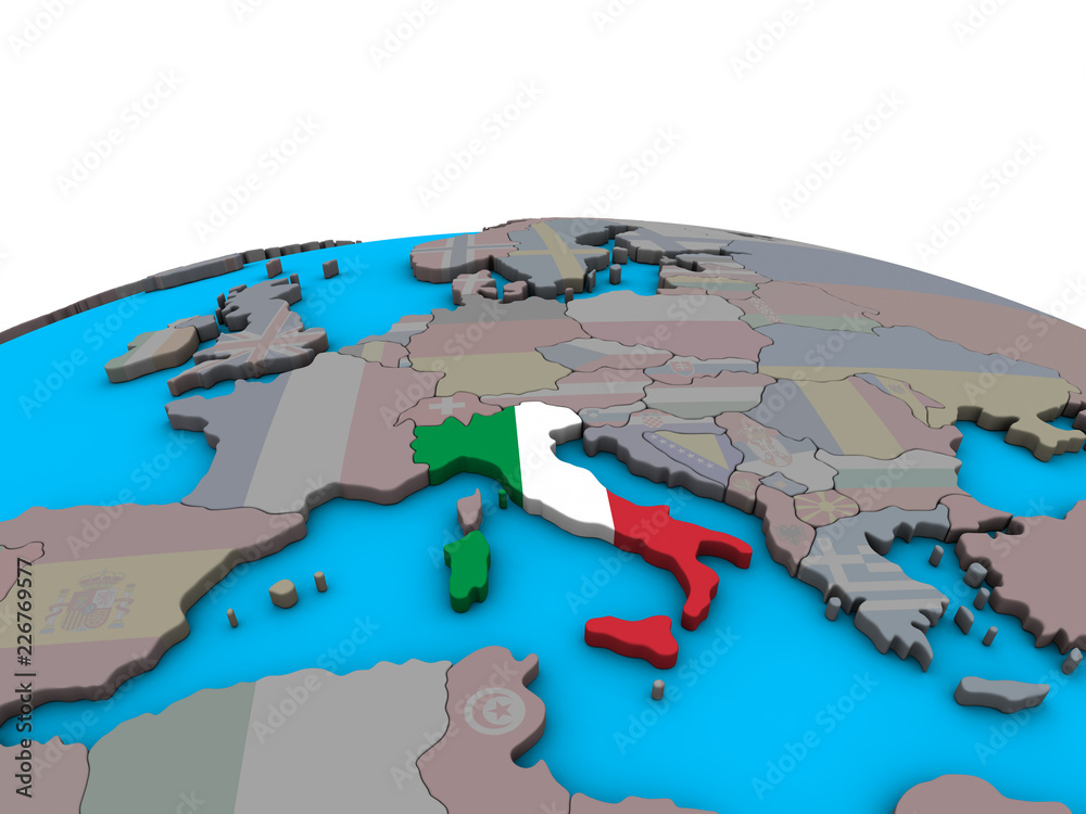 Italy with embedded national flag on political 3D globe.