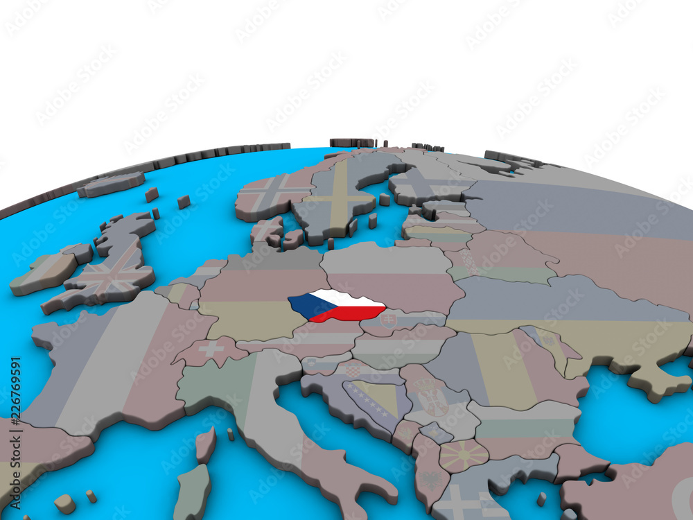 Czech republic with embedded national flag on political 3D globe.