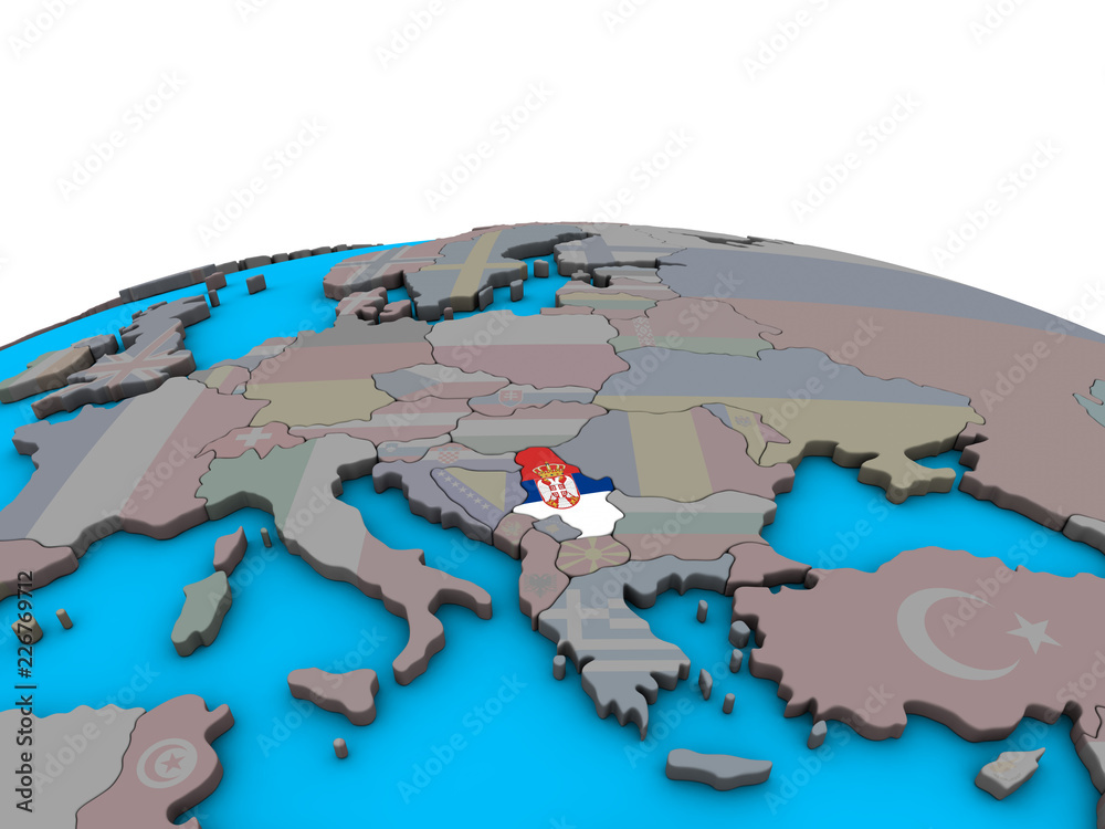 Serbia with embedded national flag on political 3D globe.