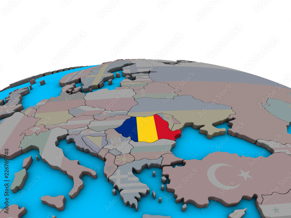 Romania with embedded national flag on political 3D globe.