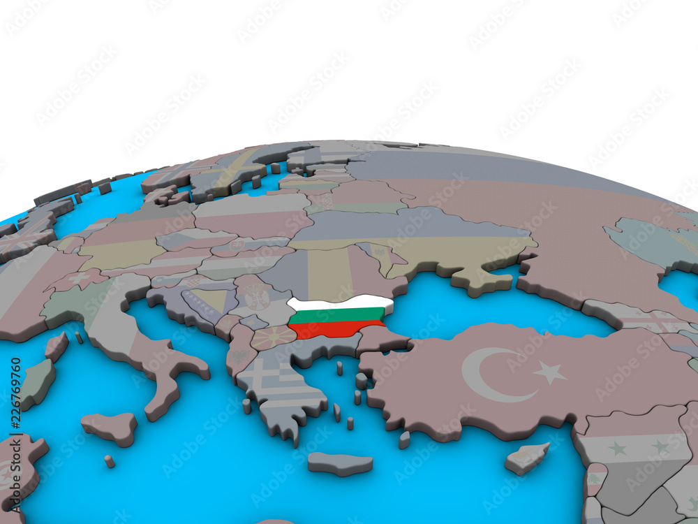 Bulgaria with embedded national flag on political 3D globe.