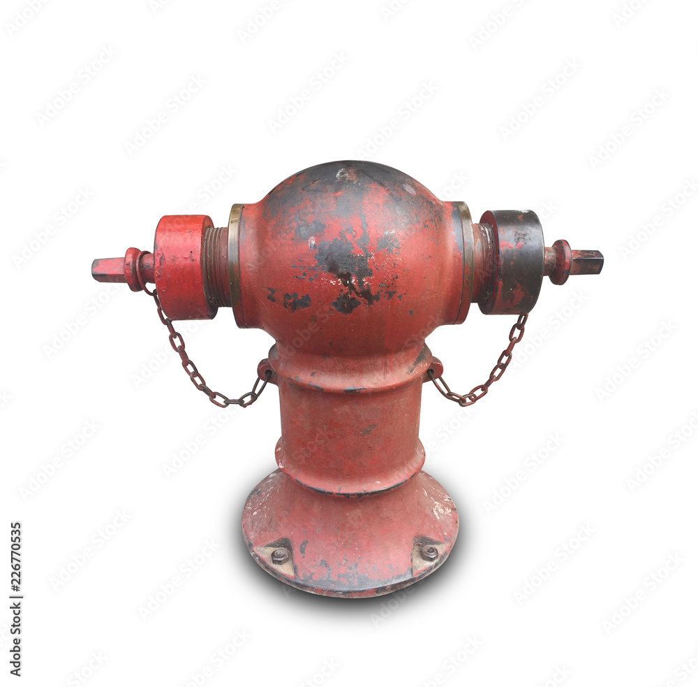 Old red fire hydrant with chain isolated on white background, This has clipping path. Old red fire hydrant with chain isolated on white background, This has clipping path.