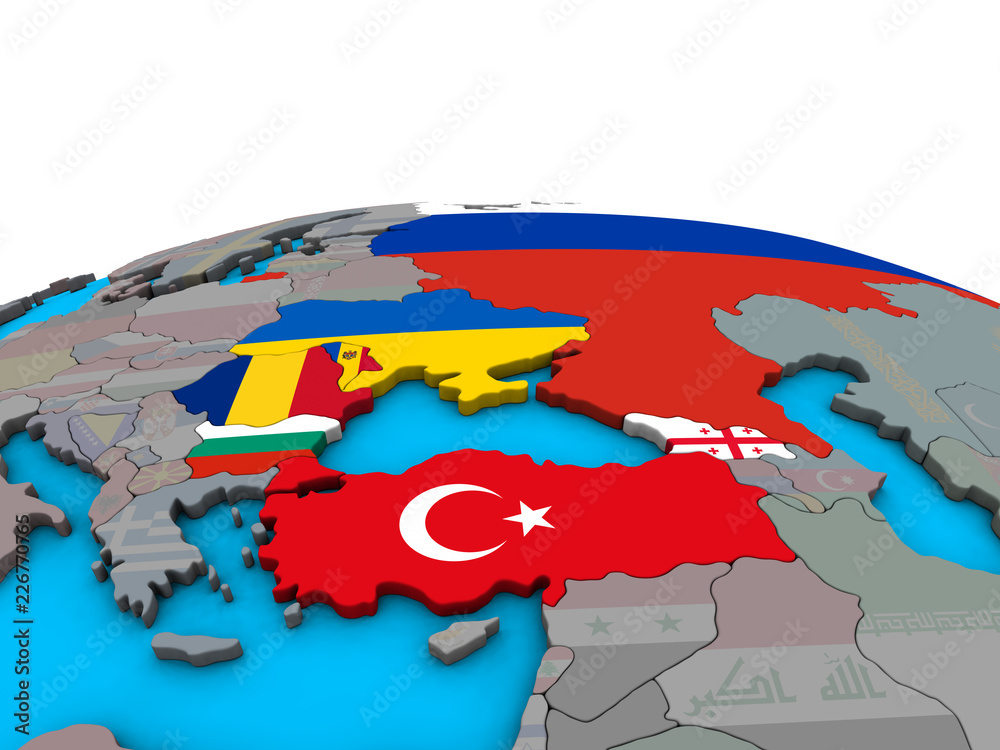 Black Sea Region with embedded national flags on political 3D globe.