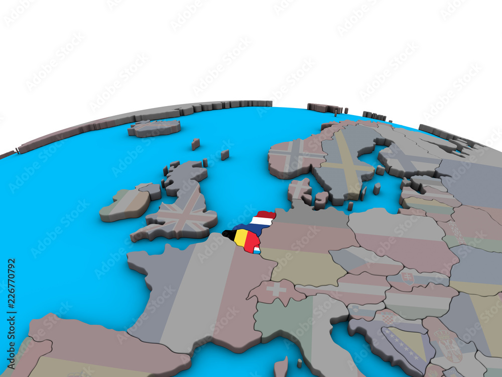 Benelux Union with embedded national flags on political 3D globe.