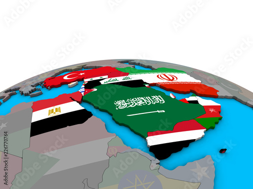 Middle East with embedded national flags on political 3D globe.