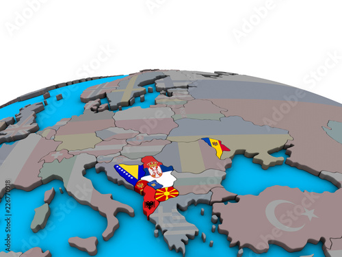 CEFTA countries with embedded national flags on political 3D globe. © harvepino