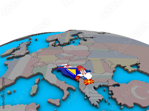 Former Yugoslavia with embedded national flags on political 3D globe. © harvepino