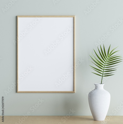 Mock up poster frame with plant in vase on shelf in interior background, 3d render