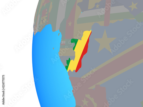 Congo with embedded national flag on blue political globe.