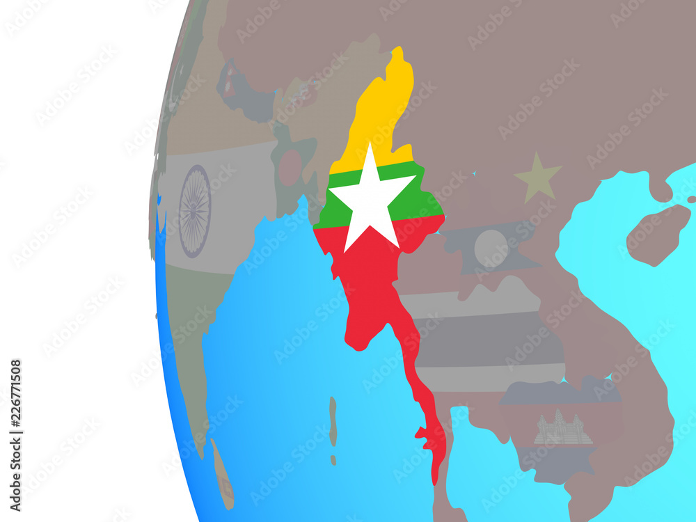 Myanmar with embedded national flag on blue political globe.