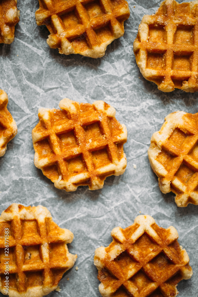 Belgian gluten free waffles background. Flat lay, top view Belgian gluten free waffles background. Flat lay, top view
