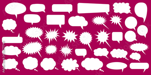 Set, collection of flat style vector speech bubbles, clouds, baloons. Talking, speaking, chatting, screaming, laughing, thinking, dreaming bubbles. Modern motion design shapes with rounded edges.