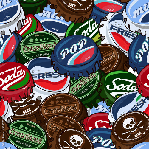 Seamless pattern with colorful pop art objects different bottle caps  