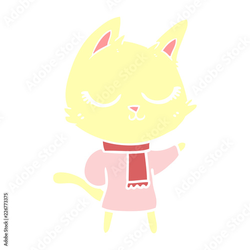 calm flat color style cartoon cat wearing scarf