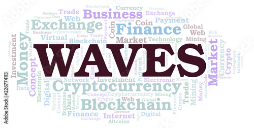 Waves cryptocurrency coin word cloud.