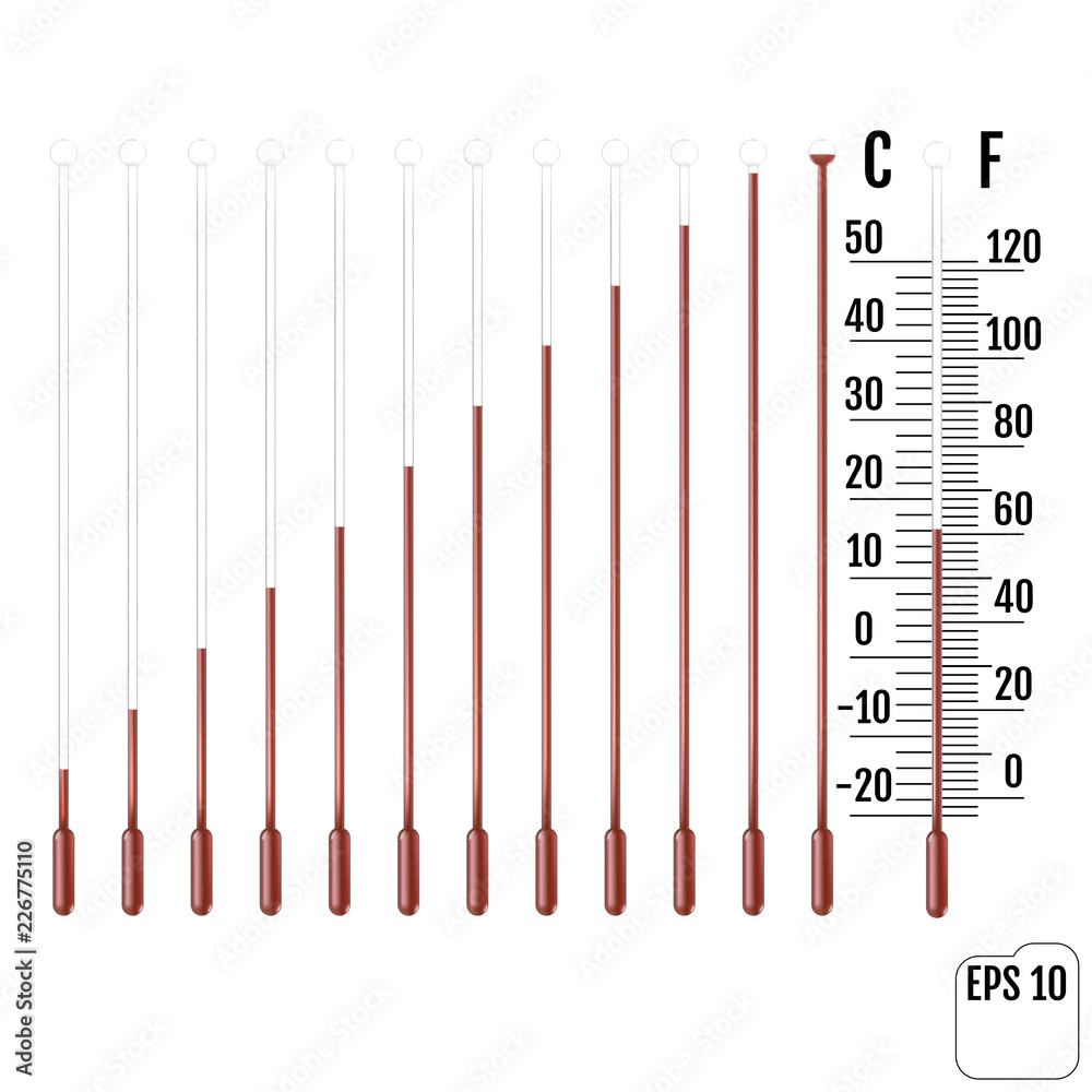 Set of capillary tube with fluid, bulb and overload chamber. Parts of liquid thermometers. Scale