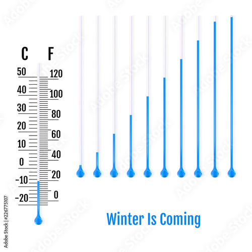 Winter Is Coming concept. Set of realistic capillary tube with fluid and bulb. Parts of liquid thermometers. Scale of measuring temperature in Celsius and Fahrenheit. Vector