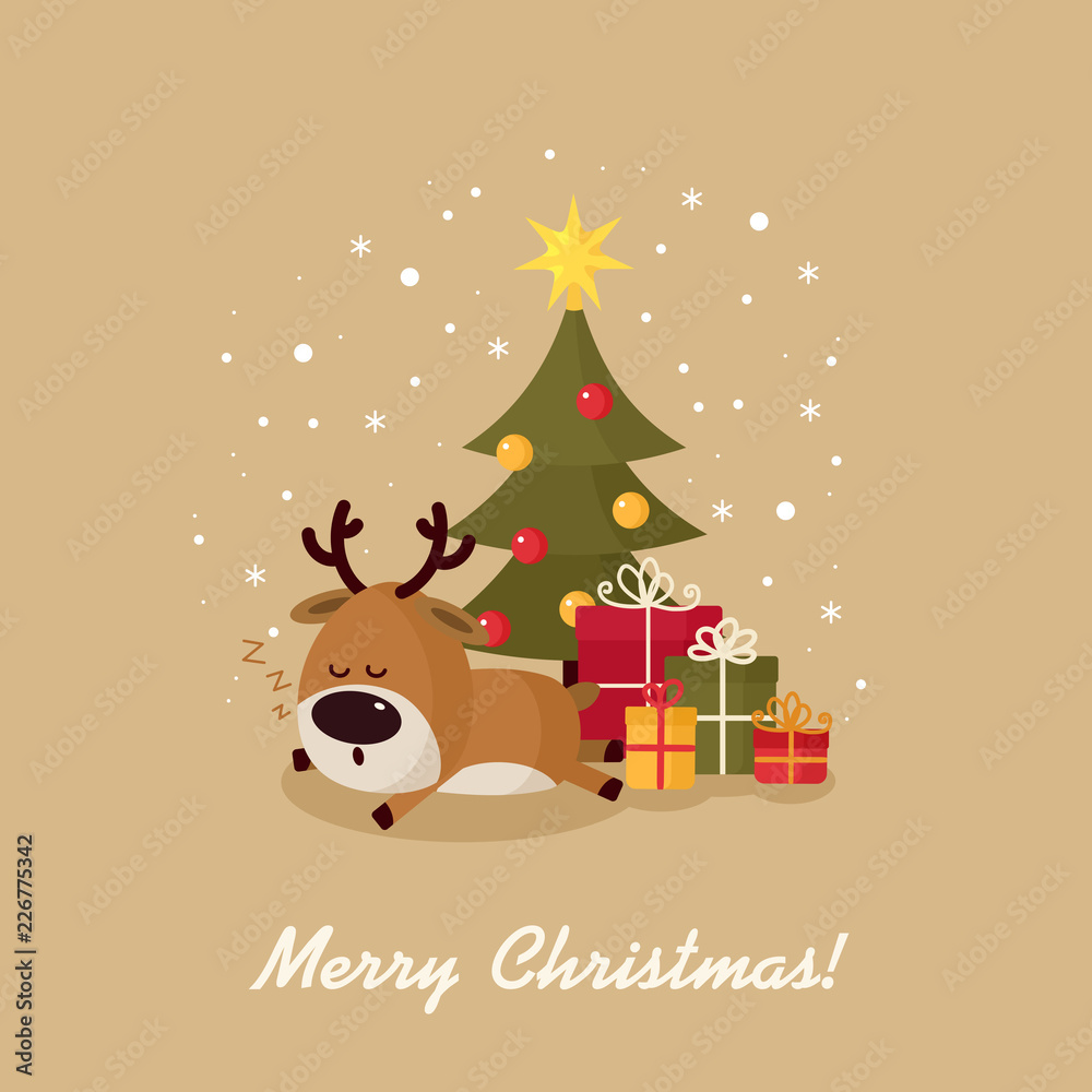 Naklejka premium Santa deer sleeps under Christmas tree with gifts