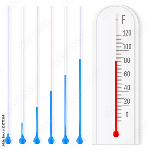 Realistic liquid thermometer with fahrenheit scale, red and blue indicators. Vector illustration