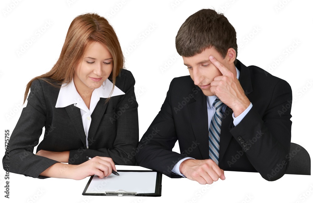 Coworkers Writing on Clipboard - Isolated Coworkers Writing on Clipboard - Isolated