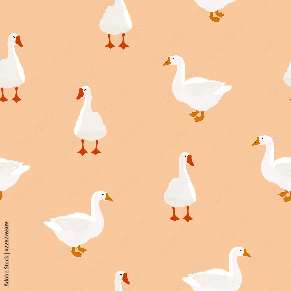 Seamless farm bird white goose pattern on beige, vector eps 10