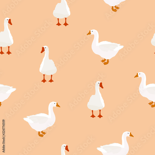Fototapeta Seamless farm bird white goose pattern on beige, vector eps 10