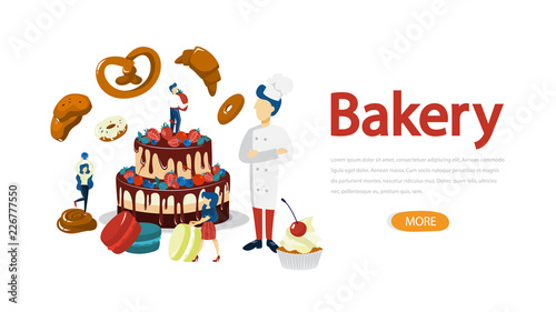 Bakery banner. People standing around baked food