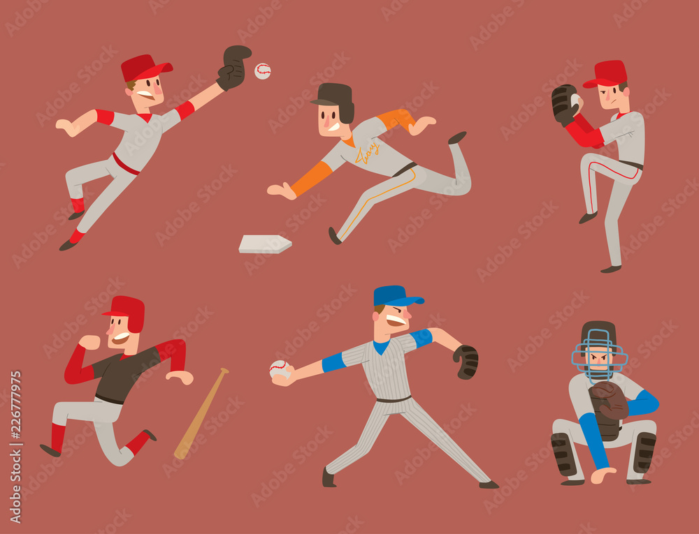 Fototapeta premium Baseball team player vector sport man in uniform game poses situation professional league sporty character winner illustration.