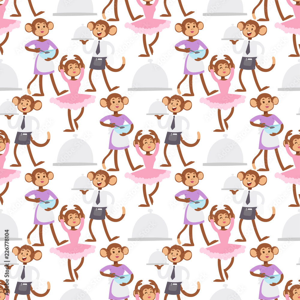 Monkeys rare animal vector cartoon macaque like people nature primate character wild zoo ape chimpanzee seamless pattern bakground illustration. Monkeys rare animal vector cartoon macaque like people nature primate character wild zoo ape chimpanzee seamless pattern bakground illustration.