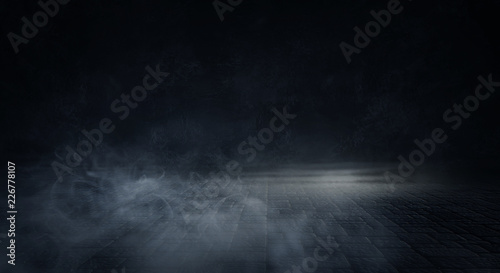 Background of an empty dark room. Empty walls, lights, smoke, glow, rays