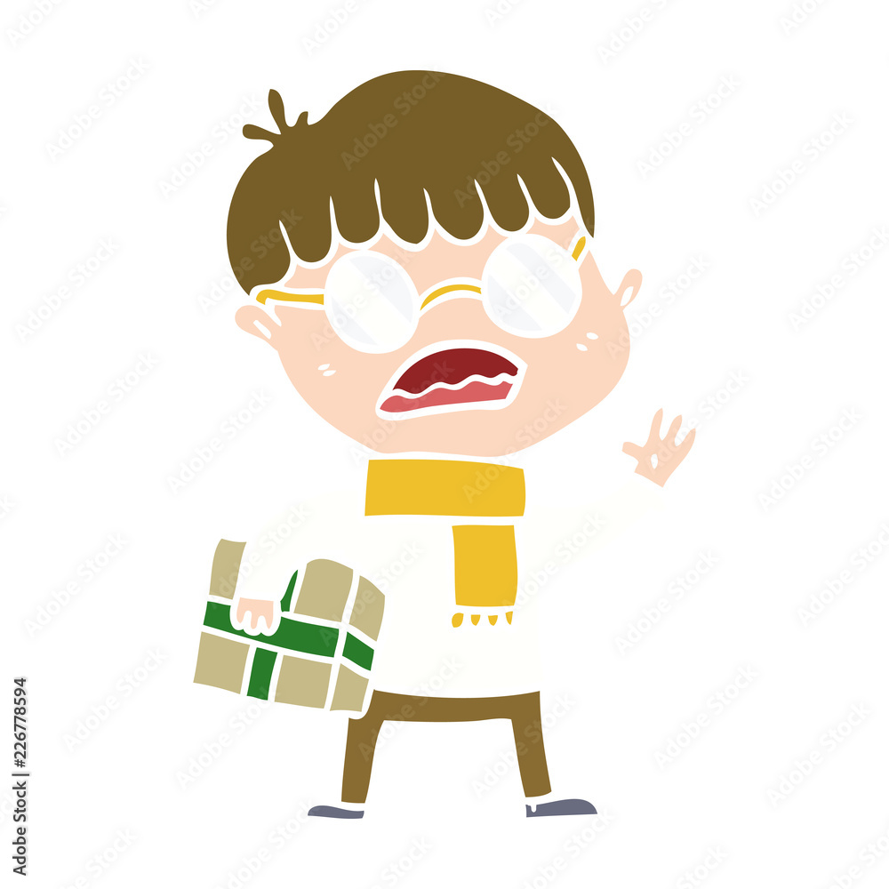 Obraz premium flat color style cartoon boy holding gift and wearing spectacles