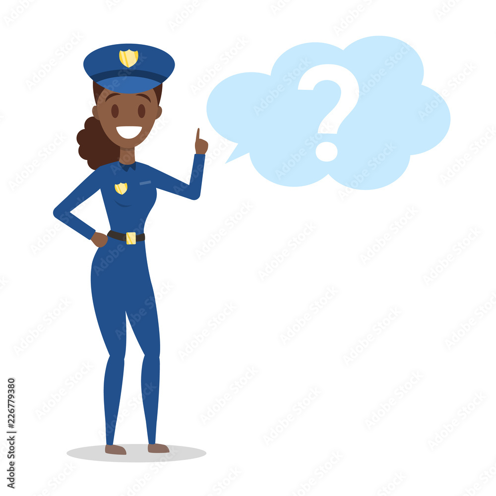 Police officer standing at the question mark Police officer standing at the question mark
