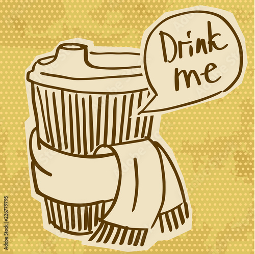 A vector image of a coffee to go with a scarf. Winter autumn square hot drink image 