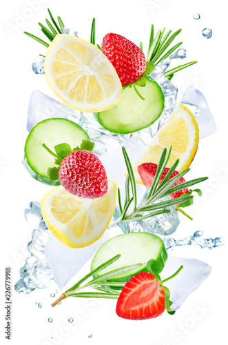 Lemon, cucumber, strawberry and rosemary flying with ices and water splash isolated