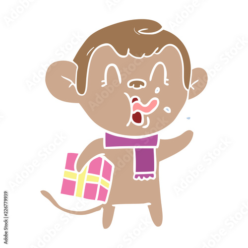 crazy flat color style cartoon monkey with christmas present