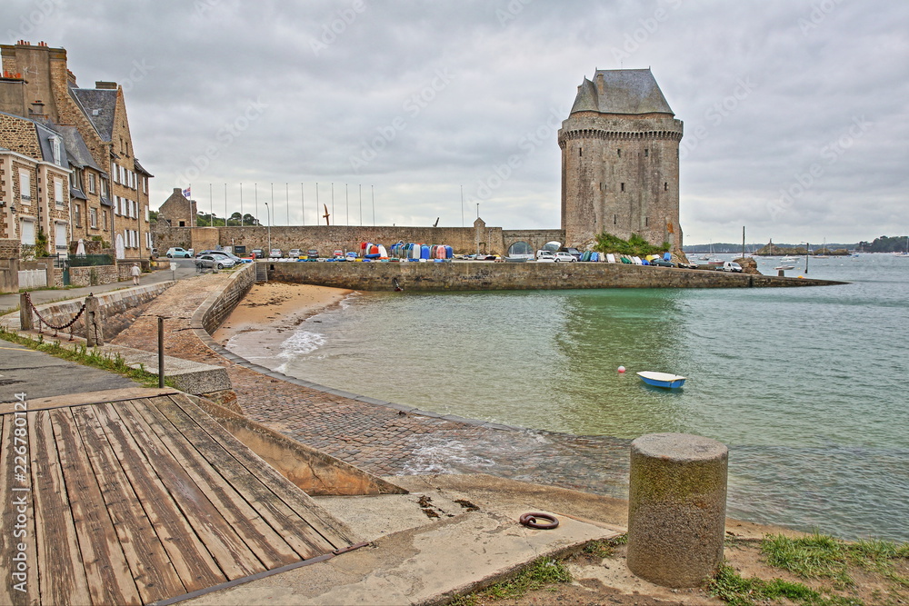 Solidor Tower located in the estuary of the river Rance in Saint Servan with Saint Pere beach in the foreground, Saint Malo, Brittany, France