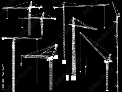 eight white building cranes silhouettes on black