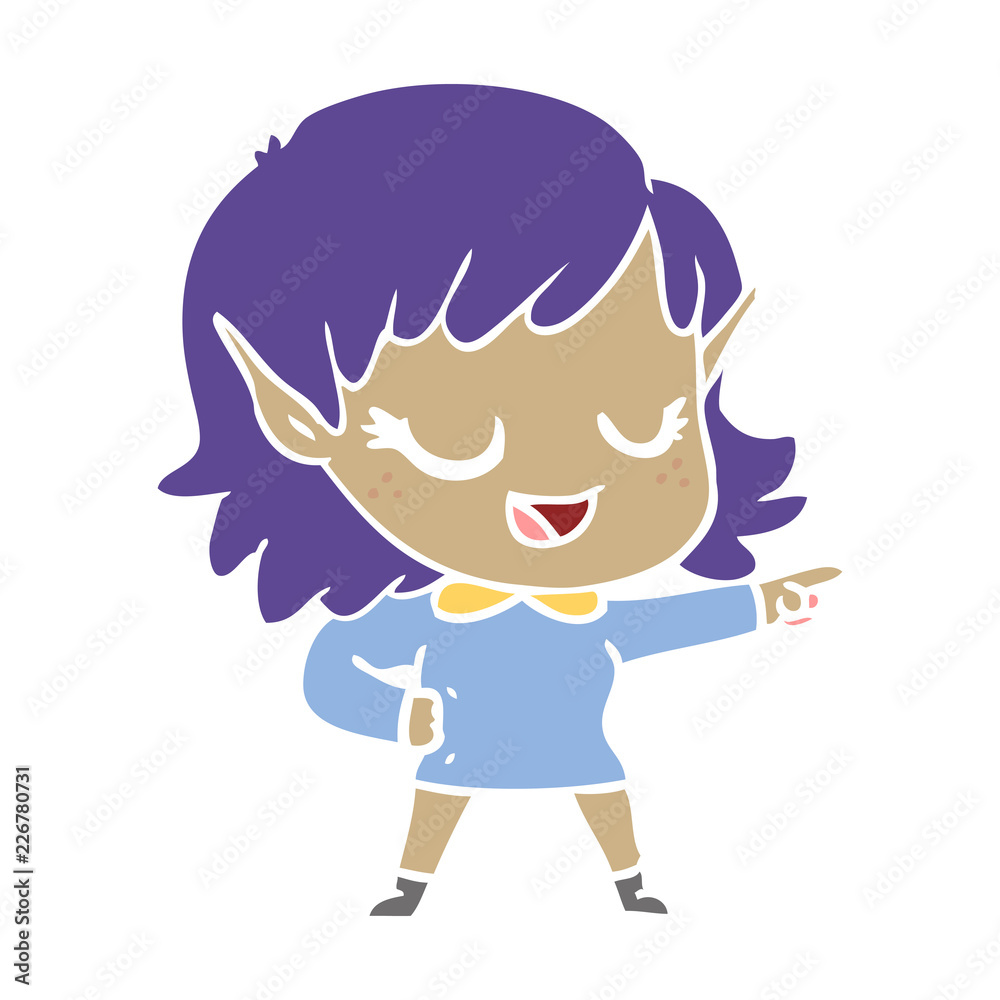 happy flat color style cartoon elf girl pointing happy flat color style cartoon elf girl pointing