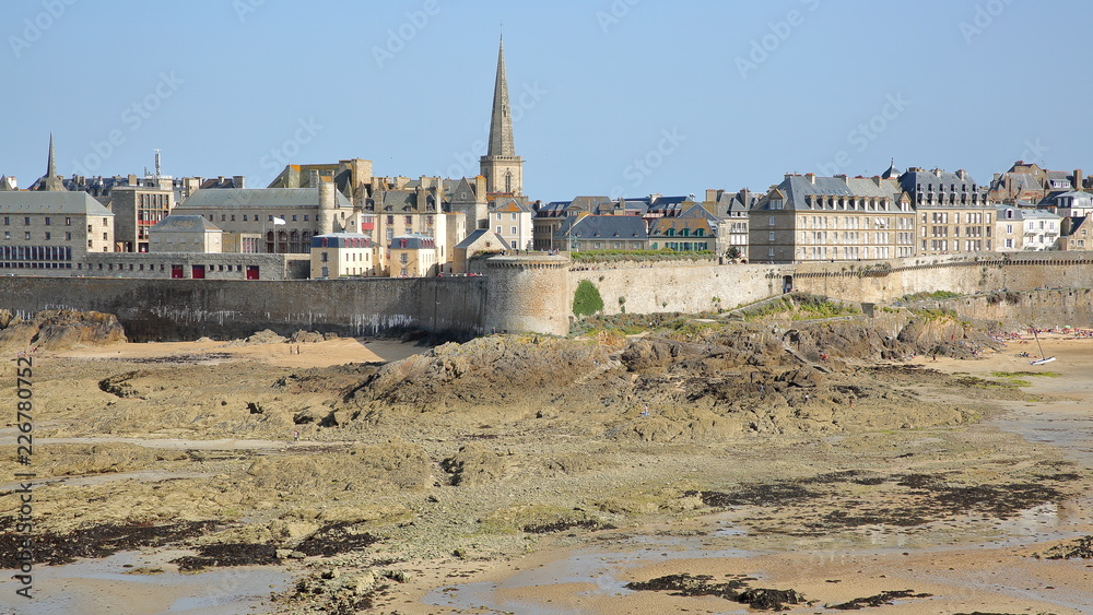 View of the walled city of Saint Malo from Grand Be Island at low tide,  Saint Malo, Brittany, France Stock Photo | Adobe Stock