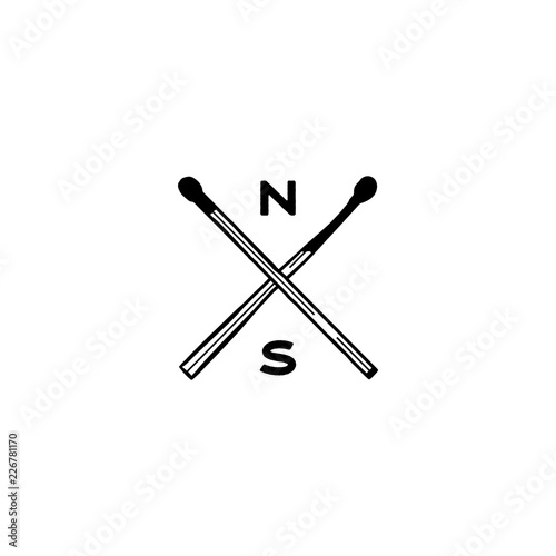 Vintage hand drawn camping adventure crest logo. Matches icons, symbols. Retro monochrome design. Can be used for t shirts, prints. Stock vector symbols isolated on white background