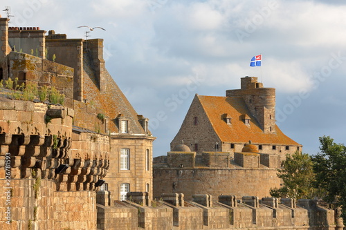 The Castle of Duchess Anne, located inside the walled city of Saint Malo, with the ramparts in the foreground, Saint Malo, Brittany, France