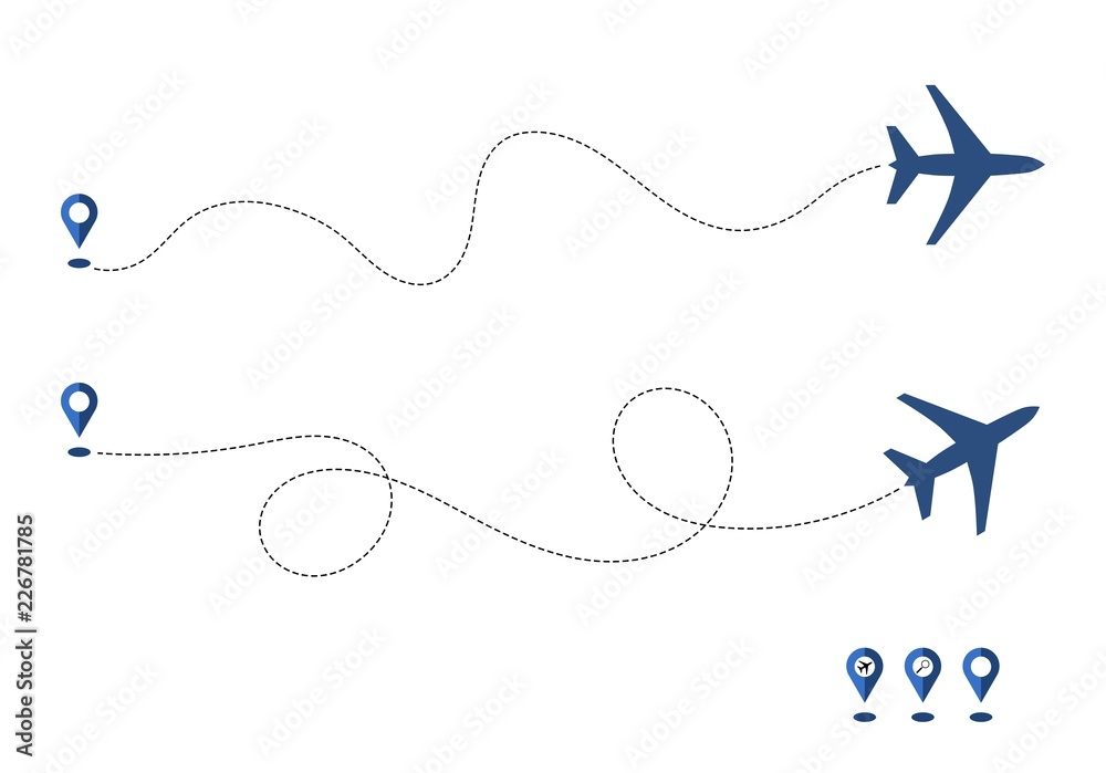 Fototapeta Plane and its way, track or route isolated on white background. Aircrafts and map pins symbols. Transportation concept