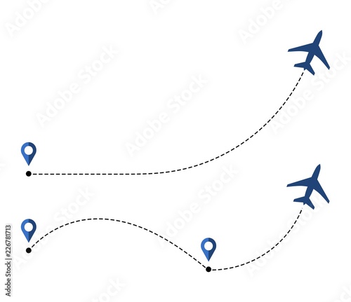 Airplane travel concept with map pins, GPS points. Line path icon. Flight start point icon